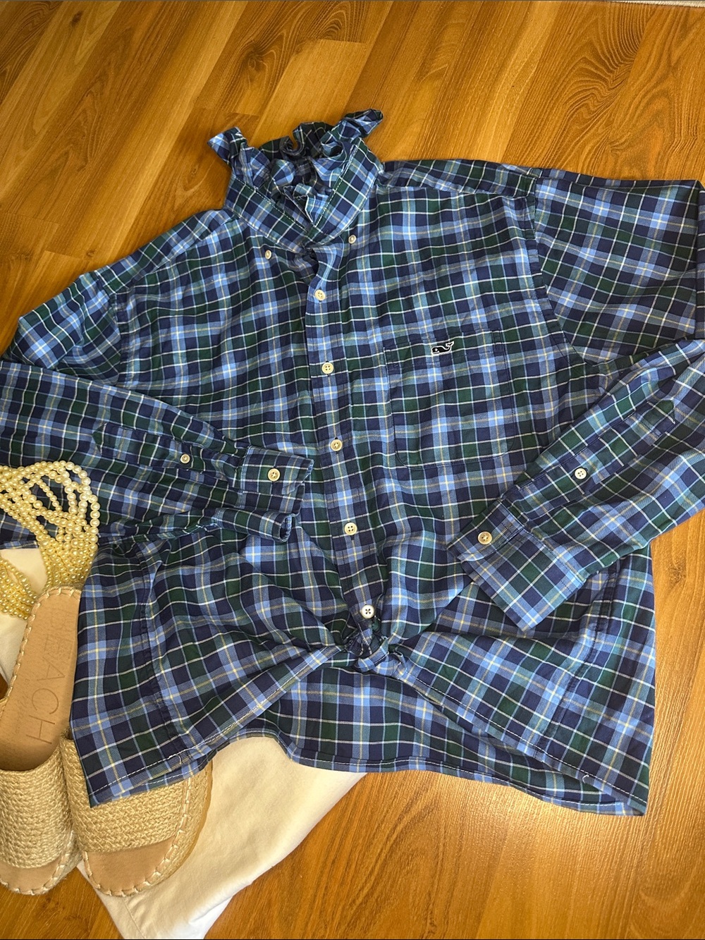 Vineyard Vines Blue & Green Plaid Button-Down Shirt Ruffled collar